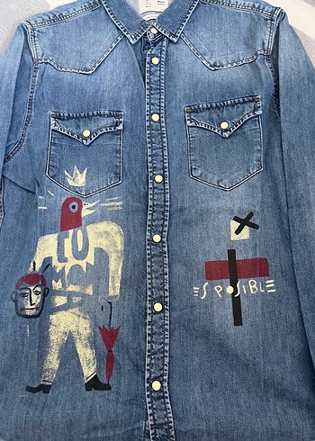 s Beden Erkek Mavi Denim Baskılı Uzun Kollu Gömlek