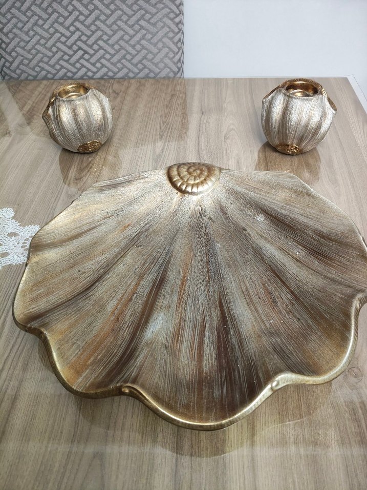 Bej Parlak Deniz Kabuğu Şeklinde Bohem Tabak ve Mumluk Seti - Görsel 2