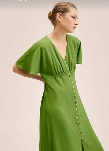 Mango Yeşil Keten Gömlek Elbise