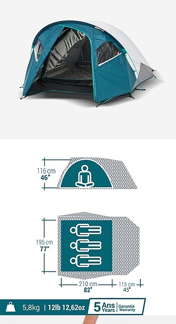 QUECHUA Fresh Black XL 3 kişilik kamp çadırı