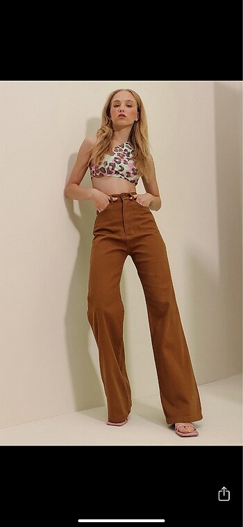 31 Beden Tütün renk yüksek bel wide leg jean