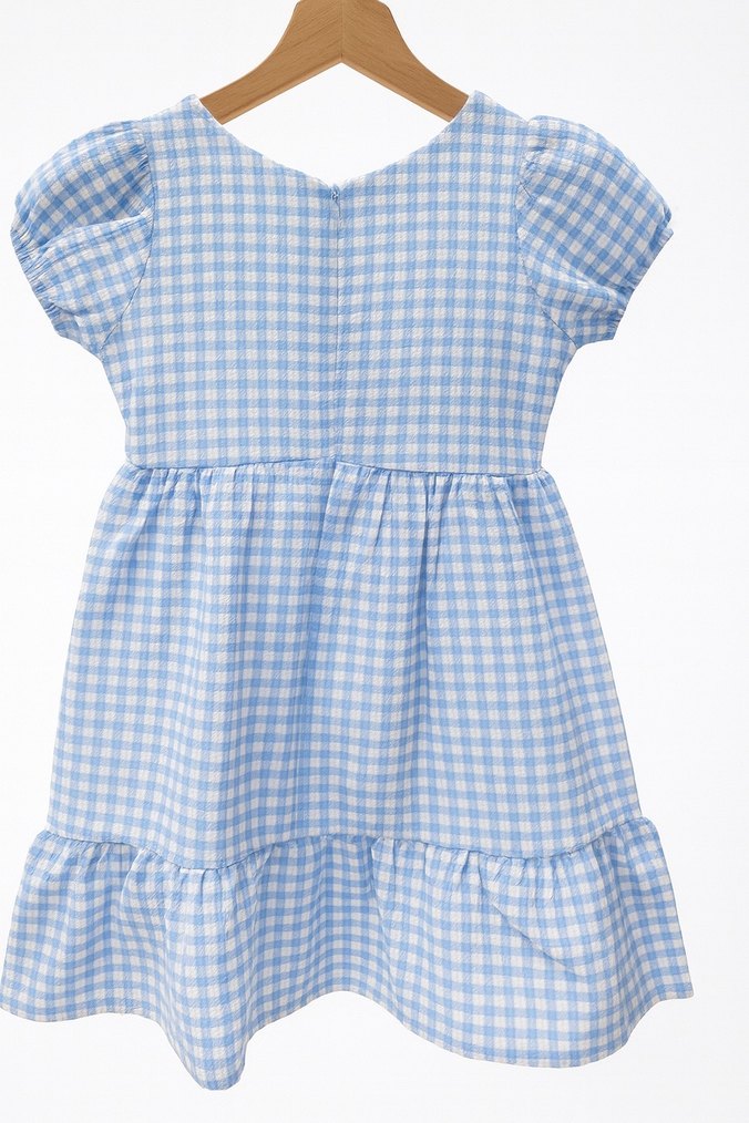 Mavi Kareli Kısa Kollu Kız Elbisesi - Görsel 2