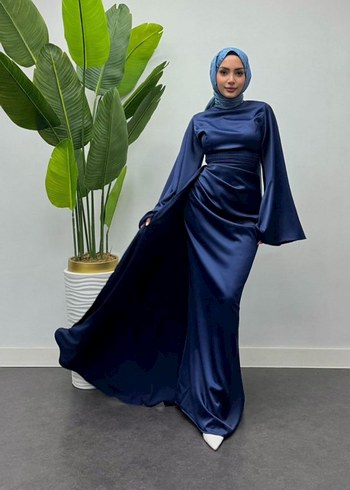 Uzun Kollu Drapeli Lacivert Abiye Elbise - Görsel 2