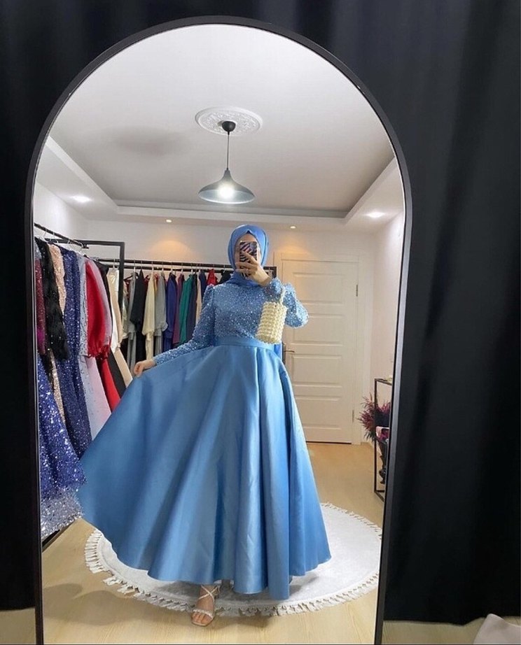 Mavi Uzun Kollu Drapeli Abiye Elbise - Görsel 2