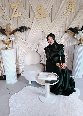 Kadın Koyu Haki Uzun Kollu İşlemeli Abiye Elbise - Görsel 3