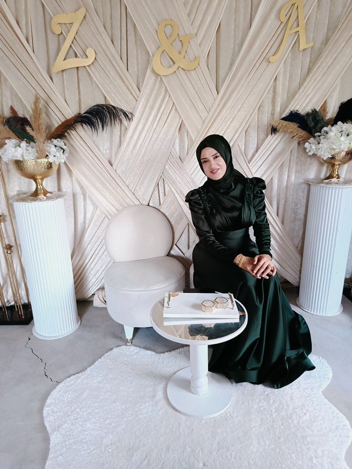 Kadın Koyu Haki Uzun Kollu İşlemeli Abiye Elbise - Görsel 3