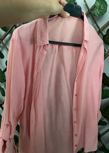 Düğmeli Pembe Keten Kadın Gömlek - Görsel 3