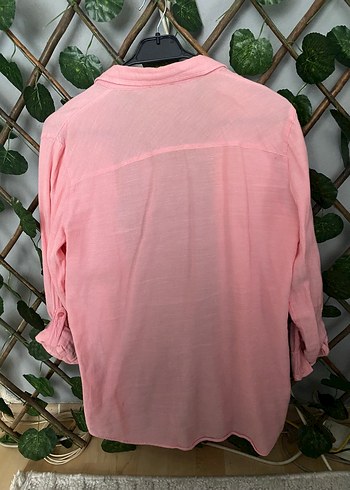 Düğmeli Pembe Keten Kadın Gömlek - Görsel 2