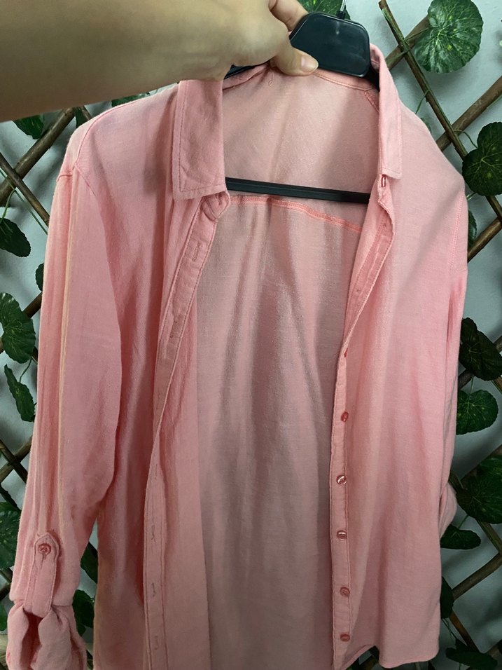 Düğmeli Pembe Keten Kadın Gömlek - Görsel 3