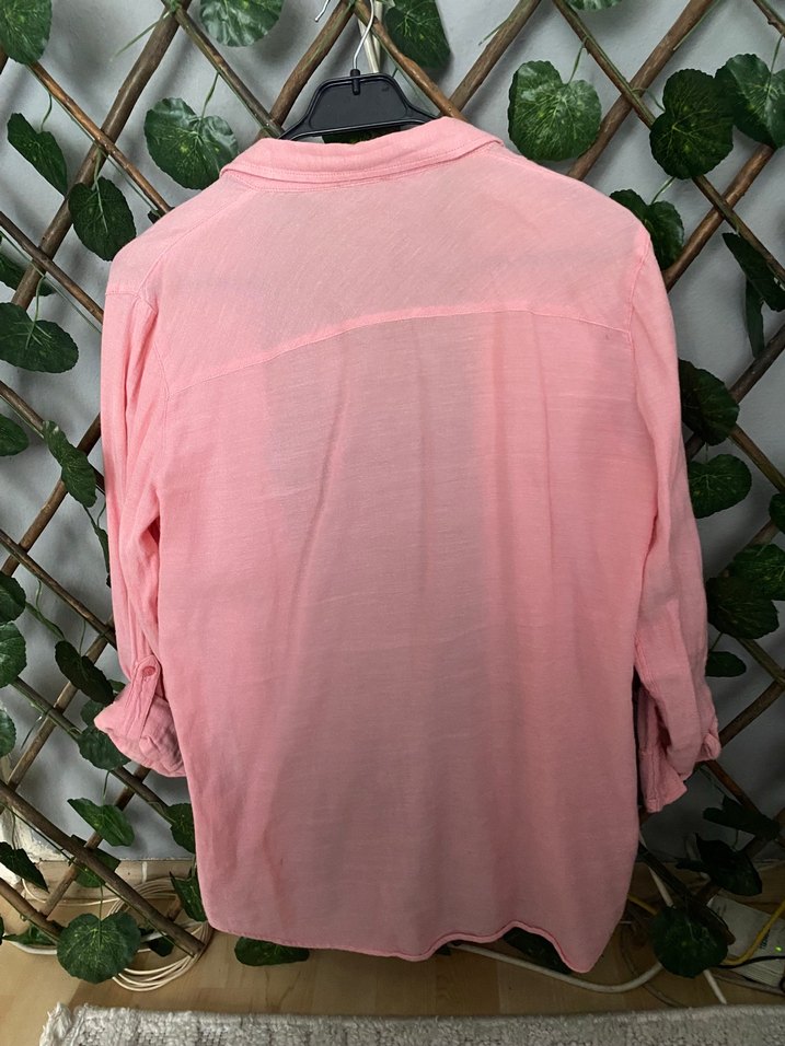 Düğmeli Pembe Keten Kadın Gömlek - Görsel 2