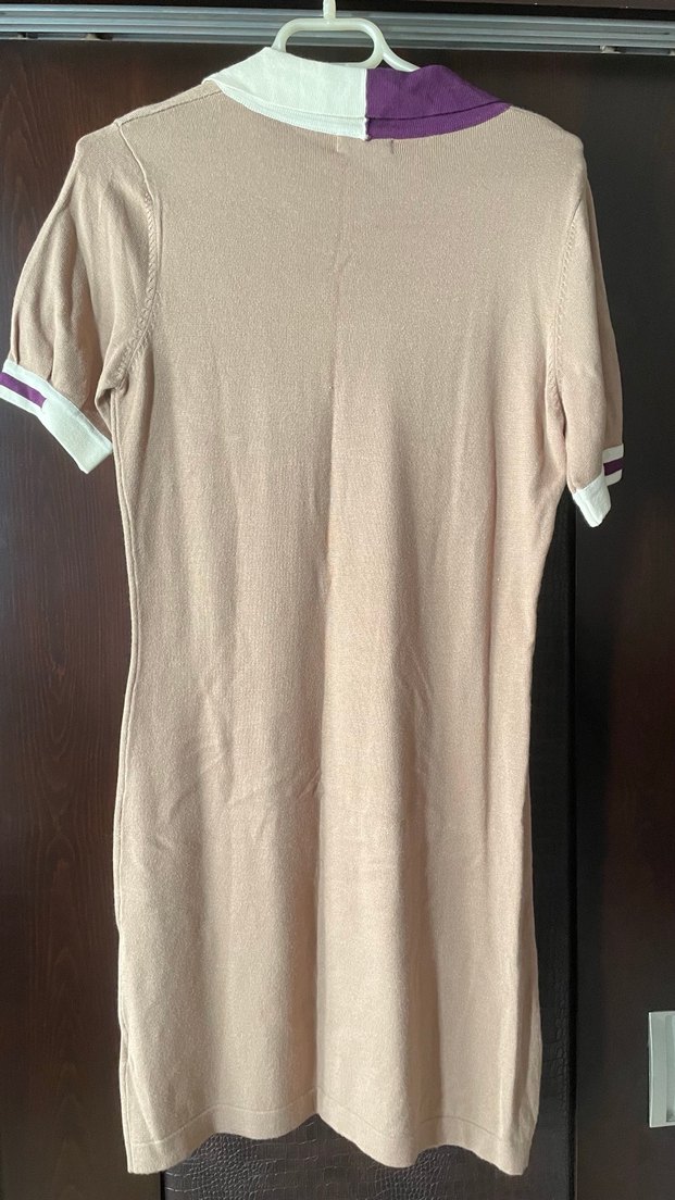 Bej V Yakalı Kısa Kollu Midi Elbise - Görsel 3