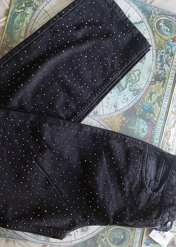 m Beden siyah Renk Düğmeli Siyah Baskılı Kadın Denim Pantolon