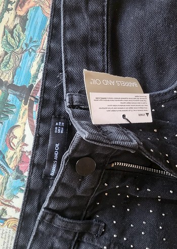Düğmeli Siyah Baskılı Kadın Denim Pantolon