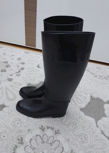Siyah Rugan Diz Boyu Kadın yağmur Çizmesi