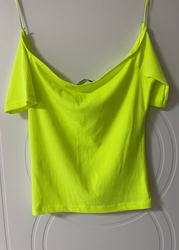 m Beden sarı Renk Neon Sarı Mini Straplez Katlı Bluz