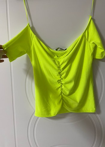 Neon Sarı Mini Straplez Katlı Bluz