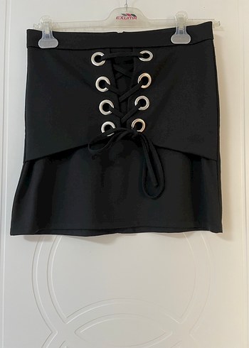 l Beden siyah Renk Siyah Bağcıklı koton mini etek