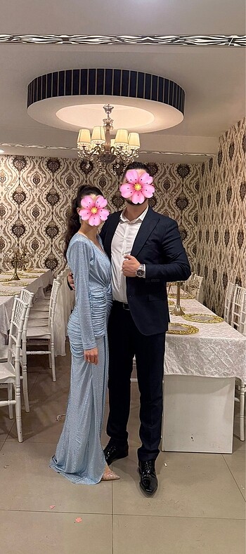 36 Beden mavi Renk Cengiz Aktürk Drapeli Taşlı Gece Elbisesi