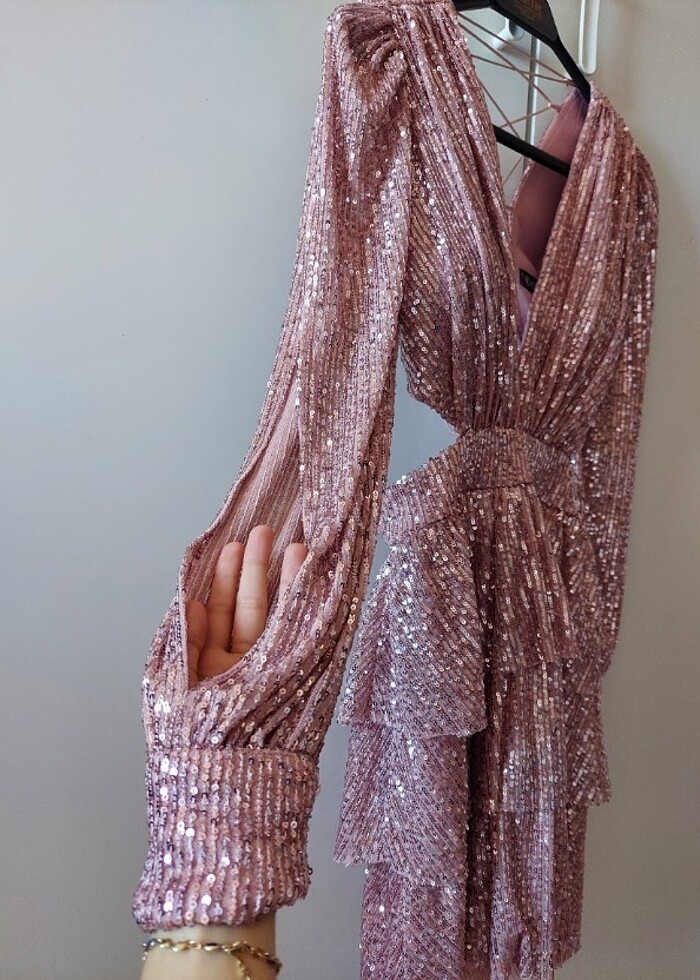 Pul payet pembe after elbisesi 36 beden - Görsel 3