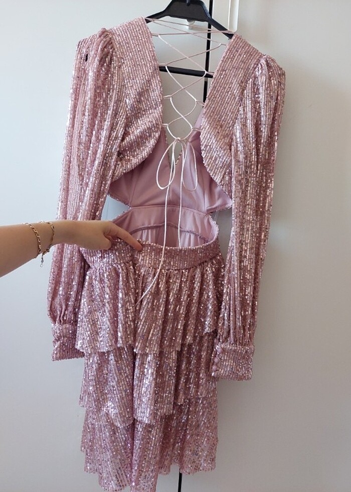 Pul payet pembe after elbisesi 36 beden - Görsel 4