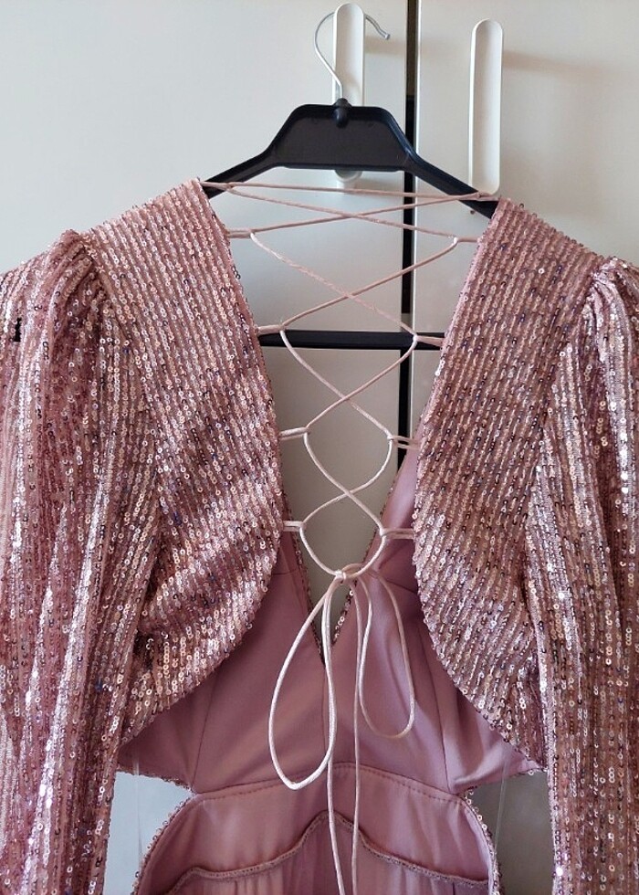 Pul payet pembe after elbisesi 36 beden - Görsel 5