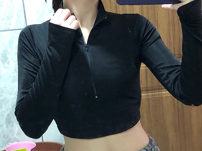 Zara Siyah el detaylı fermuarlı crop bluz