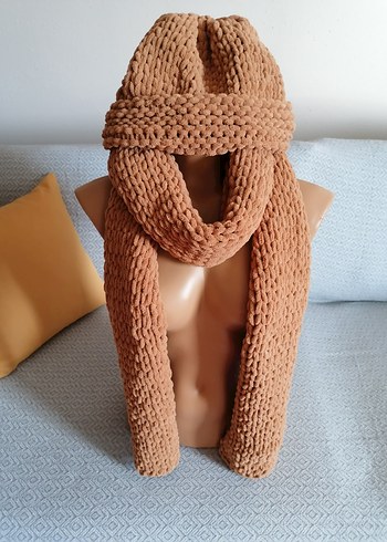 Camel Renk Örgü Bere ve Atkı Seti - Görsel 4