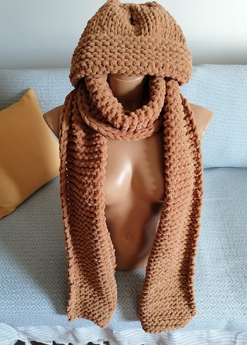 Camel Renk Örgü Bere ve Atkı Seti - Görsel 3