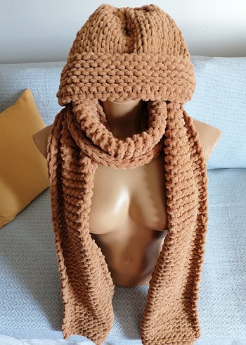 Camel Renk Örgü Bere ve Atkı Seti - Görsel 2