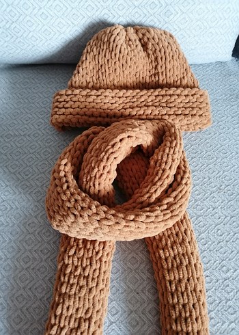 Camel Renk Örgü Bere ve Atkı Seti - Görsel 5