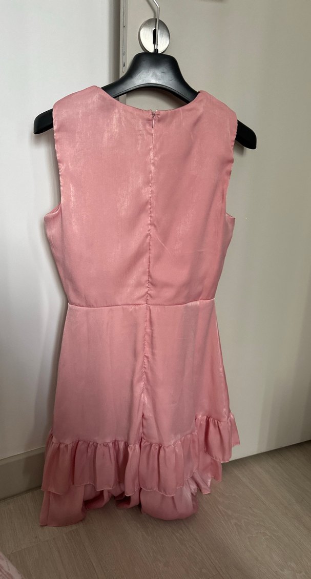 Pembe Midi V Yaka Fırfırlı nişan söz elbisesi - Görsel 3