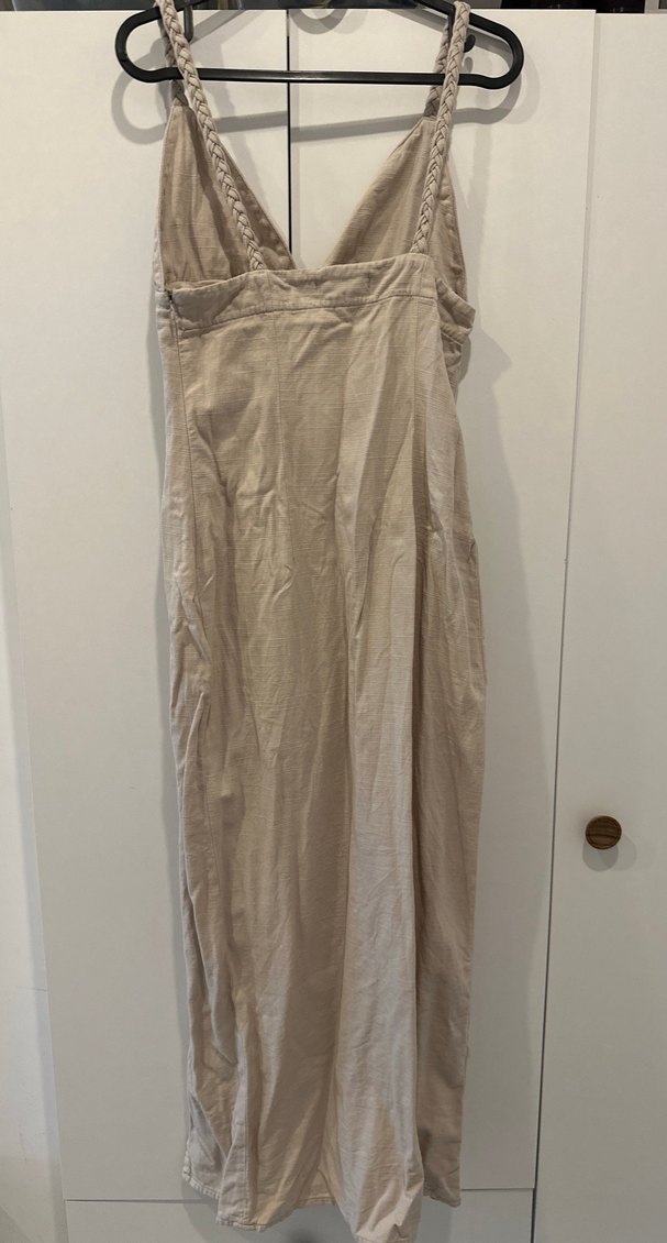 Bej Keten V Yakalı Uzun Elbise - Görsel 2