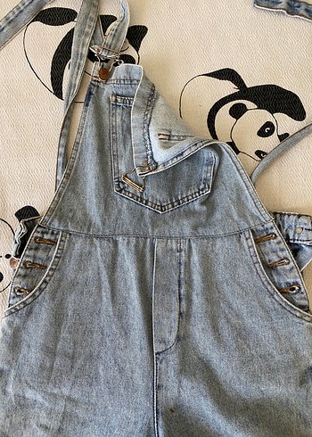 Kadın Mavi Denim Mini Askılı Şort Tulum - Görsel 4