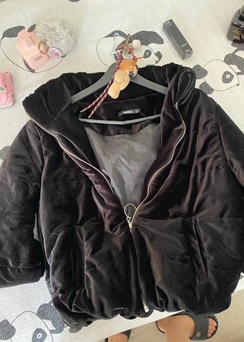 Siyah Kadın Kışlık kadife Polar Ceket - Görsel 7