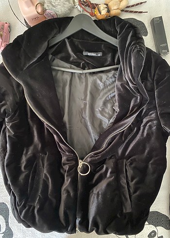 Siyah Kadın Kışlık kadife Polar Ceket - Görsel 4