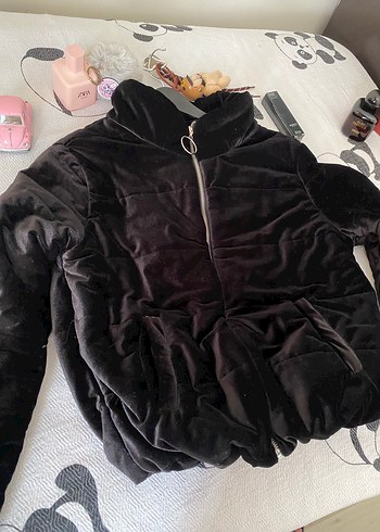 Siyah Kadın Kışlık kadife Polar Ceket - Görsel 2