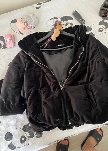 Siyah Kadın Kışlık kadife Polar Ceket - Görsel 6