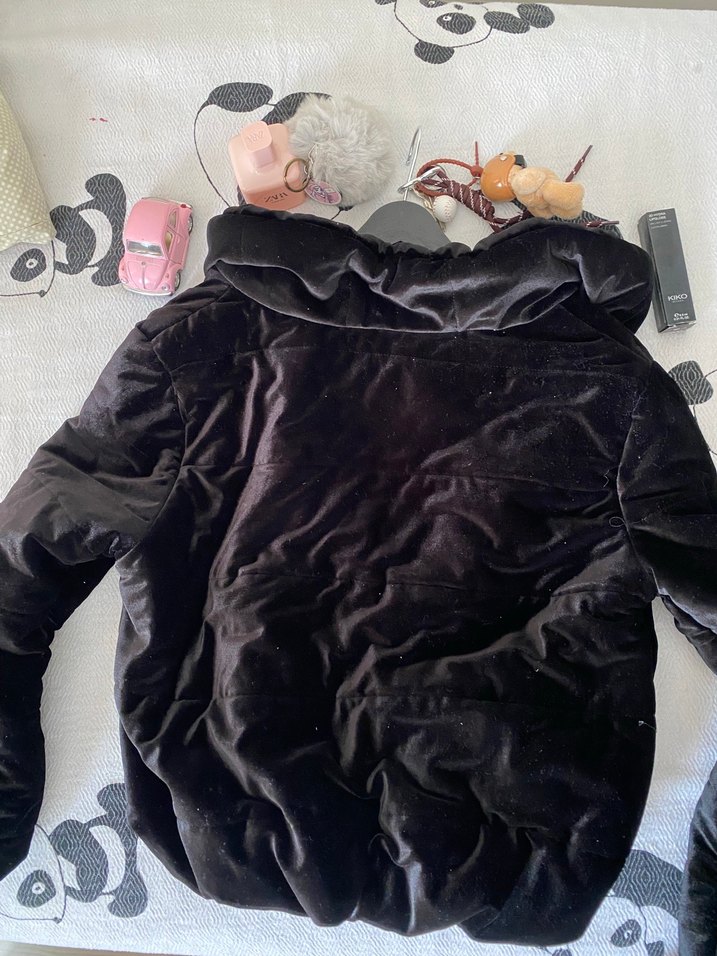 Siyah Kadın Kışlık kadife Polar Ceket - Görsel 5