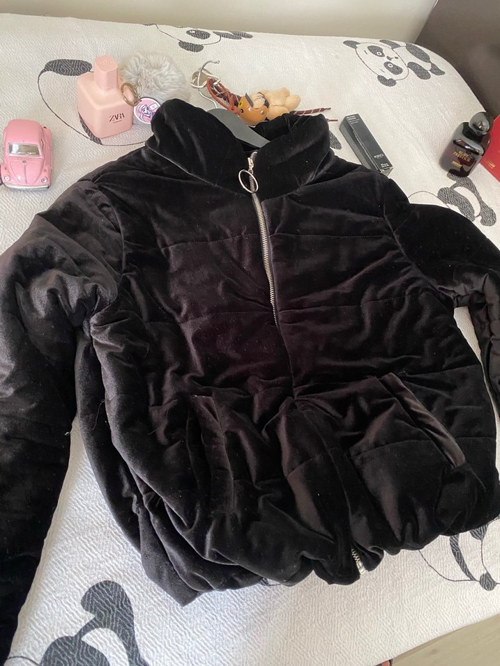 Siyah Kadın Kışlık kadife Polar Ceket - Görsel 2