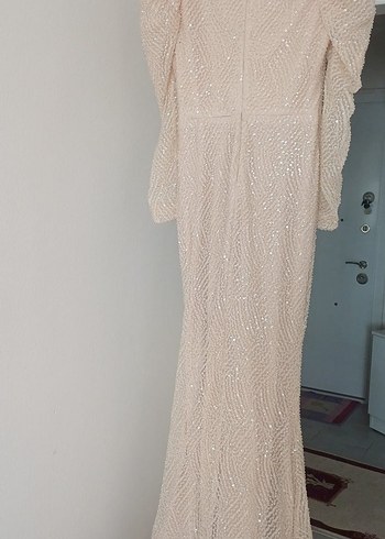 V Yaka Bej Uzun Kollu Drapeli Abiye Elbise - Görsel 2