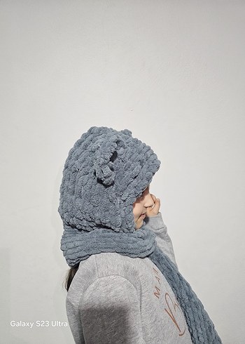 Gri Örgü Kışlık Çocuk Bere ve Atkı - Görsel 2