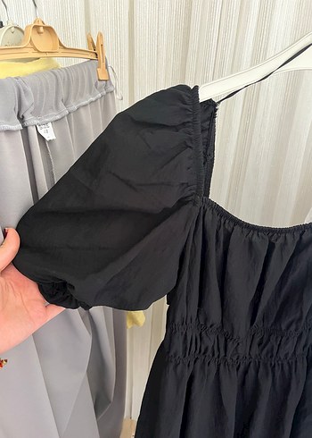 Siyah Bohem Midi Elbise Drapeli ve Geniş Kesim - Görsel 3