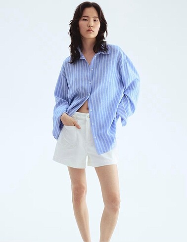 s Beden H&M oversize çizgili keten gömlek