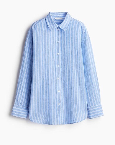 s Beden mavi Renk H&M oversize çizgili keten gömlek