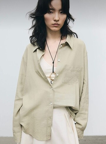 H&M Oversize açık haki keten gömlek