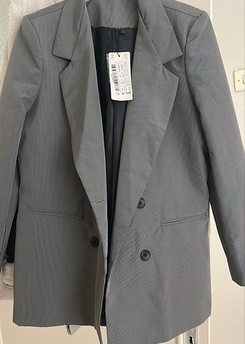 Düğmeli Gri Kadın Blazer Ceket - Görsel 3