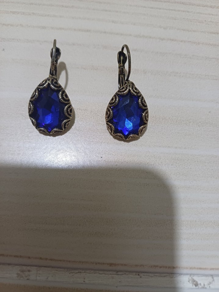 Vintage Mavi Taşlı Midi Küpe - Görsel 2