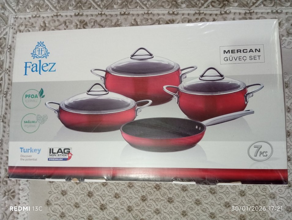 Falez Marka 7 Parça Mercan Kırmızı Tencere ve Tava Seti - Görsel 2