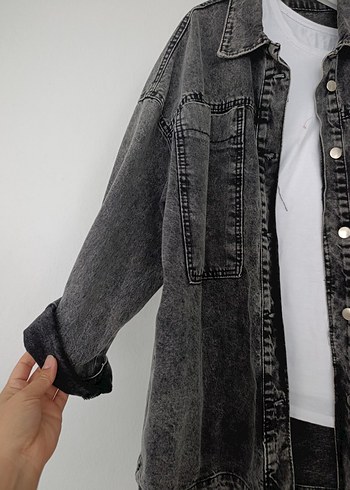 42 Beden Gri Düğmeli Kadın Denim Ceket