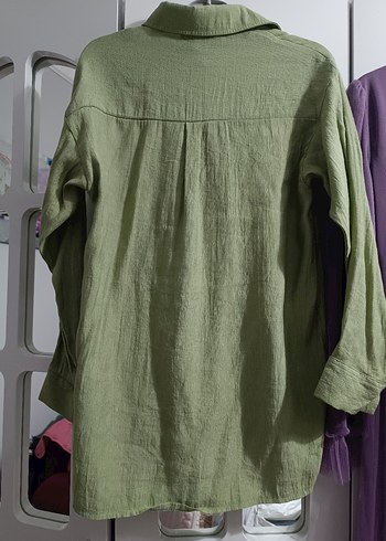 Kadın Yeşil Keten Düğmeli Gömlek - Görsel 2